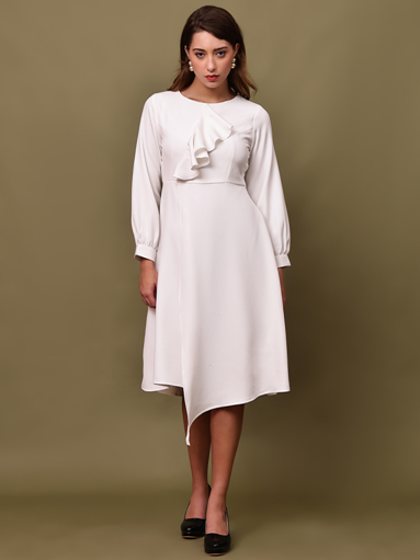 Elegant White Ruffle Midi Dress for Women | Asymmetrical Long Sleeve Outfit